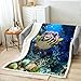 Castle Fairy Puffer Fish Throw Blanket,Coral Fish Bed Blanket for Kids Teens Boys Girls,Cute Undersea Lifes Fleece Blanket Blue Watercolor Animals Plants Fuzzy Blanket for Chair/Sofa Decor,50