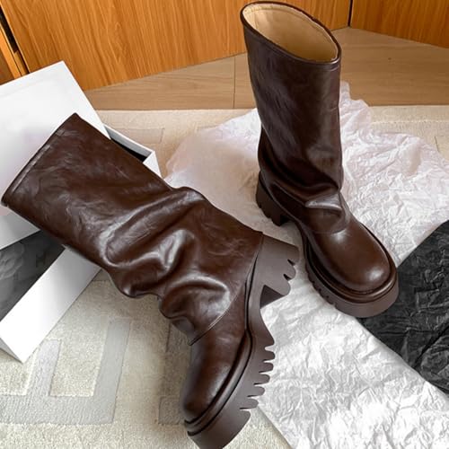 MAVMAX Mid Calf Boots for Women Fold Over Zipper Buckle Riding Boot Black Wide Calf Platform Round Toe Chunky Low Heel Tall Boot Cowboy Biker Motorcycle Boots3