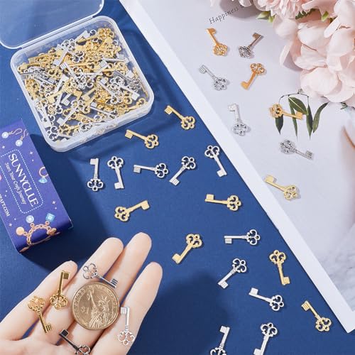 SUNNYCLUE 1 Box 100Pcs Christmas Metal Key Charms Bulk Silver Skeleton Key Charm Mini Small Lock and Ley Vintage Love for jewellery Making Valentines Day Women DIY Necklace Earrings Bracelet - Image 3