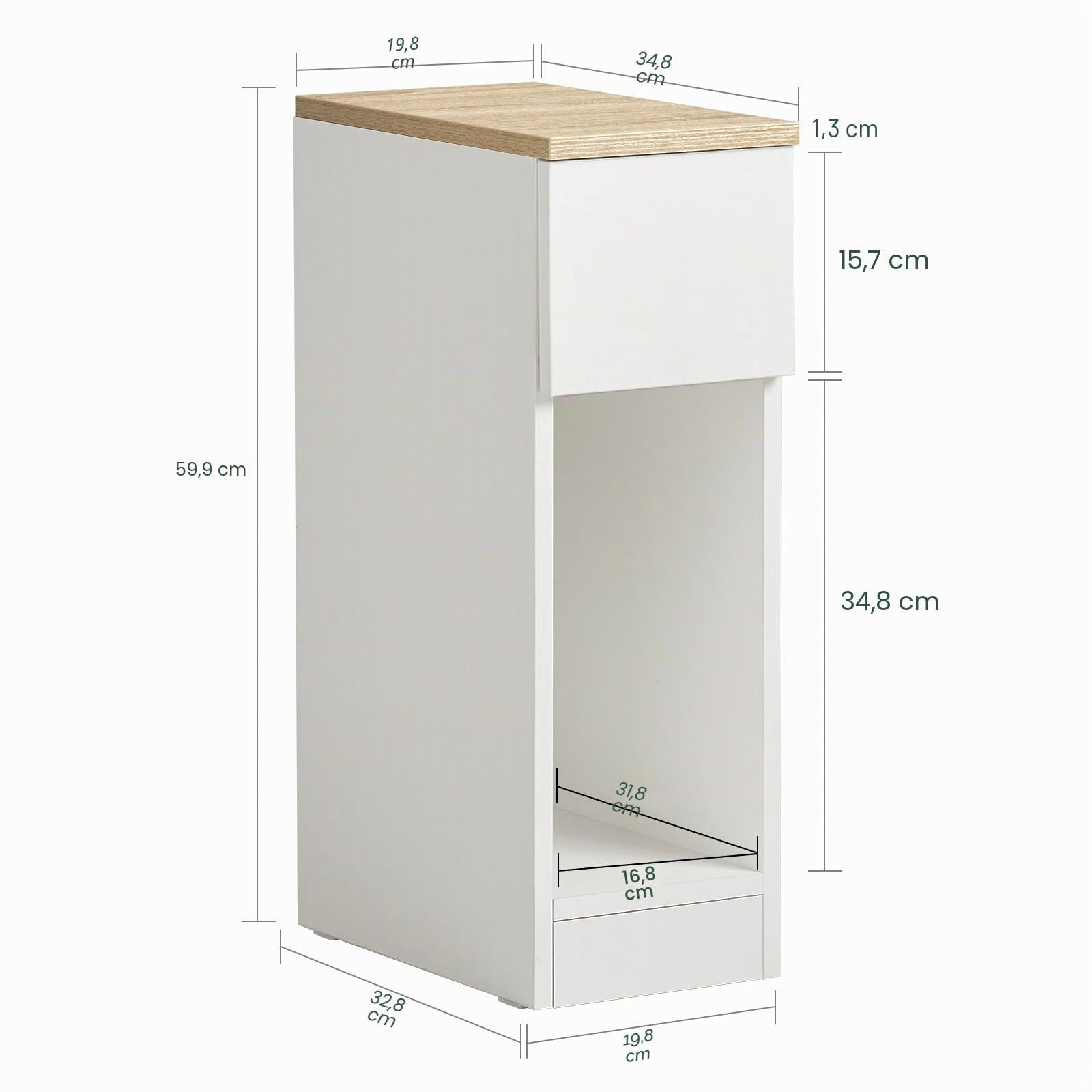 SoBuy Mesita de Noche Estrecha 20 cm con cajón Mesa de Noche ahorradora de Espacio & mesilla de Noche para Espacios pequeños Dormitorio salón Blanco 20x35x60 cm FBT111-WN