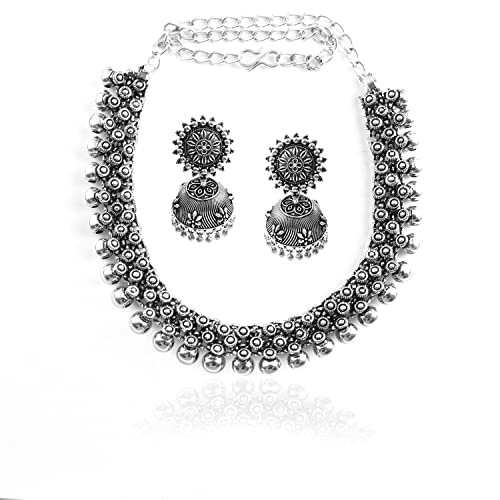 Image of HANIYA Jewellery Set for Women Oxidised Silver Tradtional Necklace Jewellery Set with Earrings
