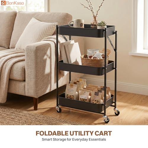 Image of Bonkaso 3 Tier Foldable Utility Cart with Wheels | Heavy-Duty Metal Storage Trolley for Kitchen, Bathroom & Office | Rolling Organizer Rack with 360 Swivel Wheels | 41x30x77 cm (Black)
