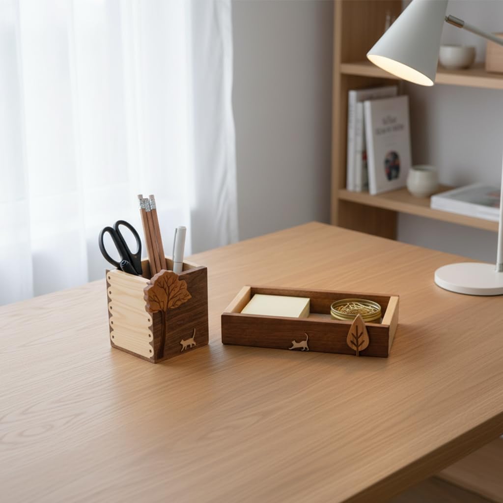 Wooden Desk Tray with Pen Holder Set Natural Wood Office Desk Pencil Pen Cup Holder Paper Clip Storage Sticky Note Holder Organizer Tray for Keys Pen Watch