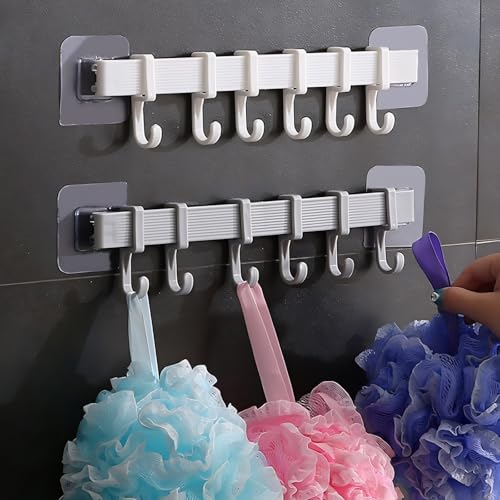 Image of JRM 6 Hook Wall Utensil Rack - Adhesive Plastic Holder for Kitchen, Bathroom & Door - Adjustable Hanger for Towels, Coats, Clothes - Space-Saving Organizer (6 in 1 Adjustable Slider Hook, Pack of 2)