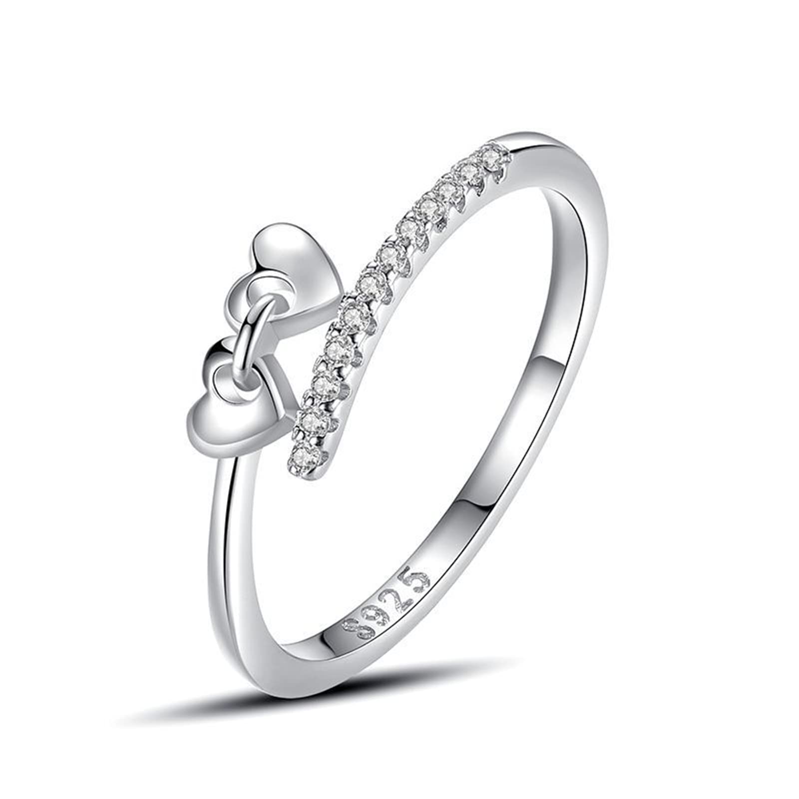 Anillos de promesa de plata de ley 925 para mujer, anillos ajustables para adolescentes y niñas, corazones dobles conectados con circonita cúbica, anillo para mujer, tamaño ajustable