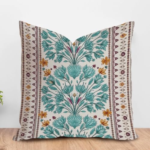 ArogGeld Turquoise Teal Blue Geometric Flower Throw Pillow Lily Leaf Ginkgo Biloba Flower Decorative Cushion Cover Chinoiserie Chic Farmhouse Throw Pillow Case for Sofa Chair 22x22in White Flax