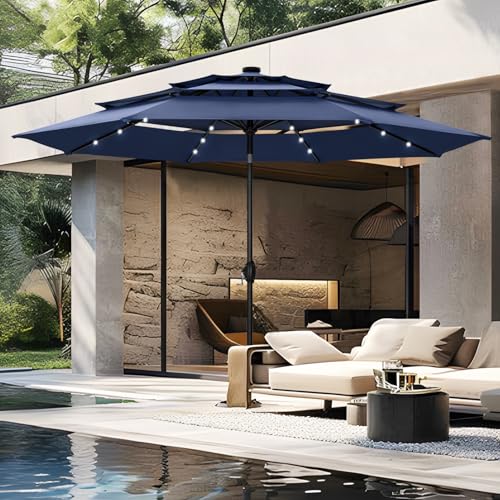 PHI VILLA 10ft Patio Umbrella with Light, Outdoor Large Auto-Tilt 3 Tier Market Table Umbrellas with 8 Sturdy Ribs and 1.5' Pole for Lawn Poolside Garden Terrace,Navy Blue