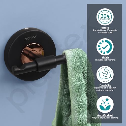 Image of Plantex Brass with 304 Grade Stainless Steel Robe Hook /Cloth-Towel Hanger /Door Hanger-Hook Bathroom Accessories - RDAB (Black)