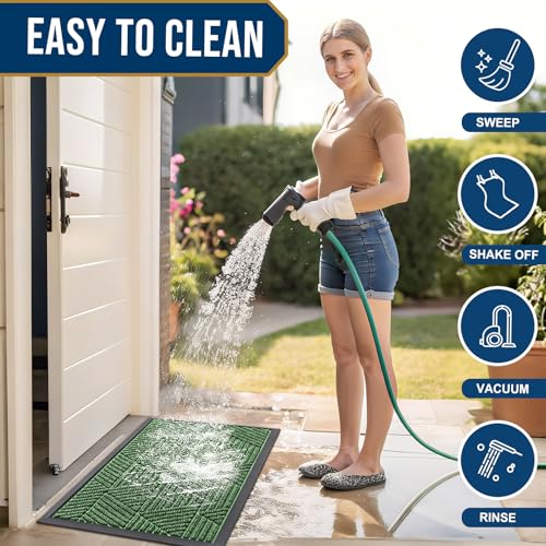 Image of Smiry Front Door Mat Outside Entrance, Heavy Duty Sturdy Natural Rubber Doormat, Trap Dirt and Moisture, Easy Clean Low Profile Mats for Indoor Outdoor Entry, Irregular Triangle (29.5x17, Green)
