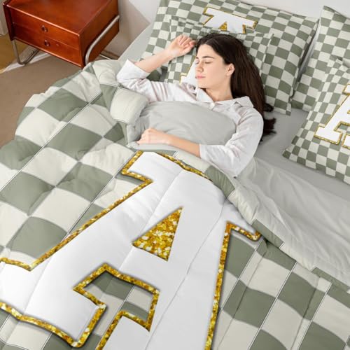 Image of Erosebridal Sage Green Checkered Full Comforter Set with Sheets 7 Piece Plaid Initial A Bed in A Bag Personalized Monogram Bedding Sets for Kids Adults,Fashion Grids Gingham Bed Set