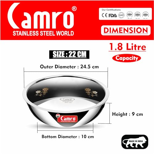 Image of Camro Triply Artisian Tasla (1.8 Liters, 22 Cm) with Steel Lid | Stainless Steel Induction Friendly | 3-Layer Body, Dishwasher Safe | 6 Years Warranty