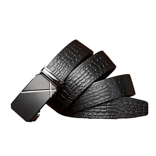 BLBTEDUAMDE Cinturón de hebilla automática para hombres, negocios casuales, teñido en relieve, grano de cocodrilo, capa de cabeza de piel de vaca, cinturón para hombres (negro 3,5 x 3,5 mm, 100 cm)