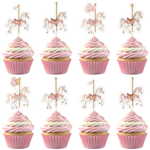 SHADOAMP 36pcs Carousel Horses Cupcake Toppers, Carnival Merry-Go-Round Theme Cake Decorations Double-sided Printed for Girls Carousal Horse Carnival Circus Birthday Party
