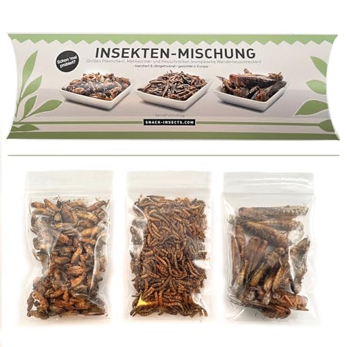 SNACK-INSECTS Essbare Insekten Mischung 25 g | Geröstete Mehlwürmer, Grillen & Heuschrecken | Proteinreicher Insekten Snack | Insekten zum Essen | Geschenk & Probierpackung