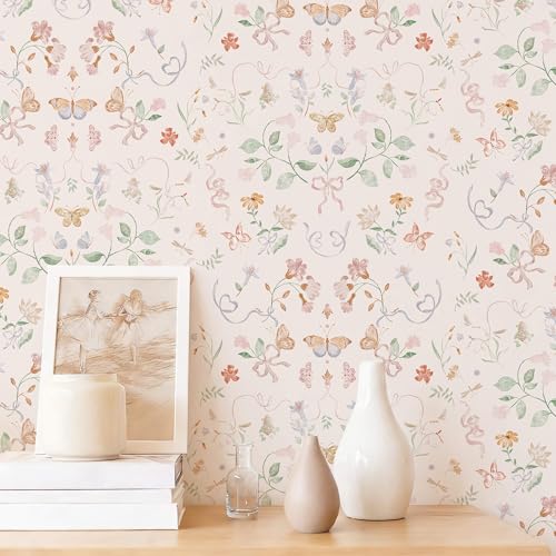Fiula Pink Floral Wallpaper Peel and Stick Butterfly Wallpaper for Nursery 78.717.3 Colorful Bow Leaf Wall Paper Cute Contact Paper for Bathroom Kitchen Removable Self-Adhesive Vinyl Waterproof