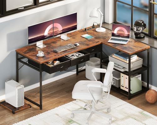 AODK 53 Inch L Shaped Computer Desk with Drawers, Corner Desk with Power Outlets & Reversible Storage Shelves, Movable CPU Stand for Home Office Gaming, Vintage