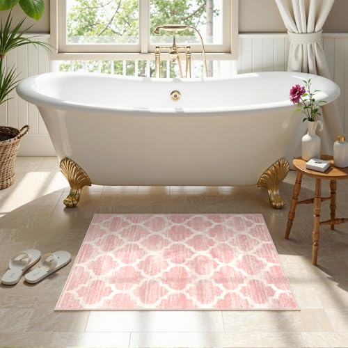 Lahome Moroccan Washable Kitchen Rugs - 2x3 Rugs for Entryway Non-Slip Bathroom Mats Pink Throw Kids Nursery Rug Small Soft Girls Dorm Bedside Rug Modern Trellis Carpet for Bedroom Laundry Living Room