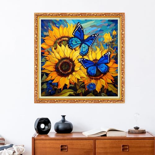 Image of Funxvoot Stamped Cross Stitch Kits Beginners Full Range of Embroidery Kits for Adults 11CT Embroidery Patterns Needlepoint Kits Printed Cross Stitch Kits-Flower Butterfly 18x18 inch