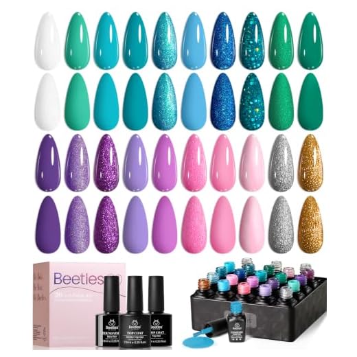 beetles Gel Polish Nail Set 20 Colors Mermaid Collection Purple Green Blue Starter Kit Soak Off Led 3Pcs Base Matte and Glossy Top Coat Manicure Brushes 6Pcs Glitter Stickers