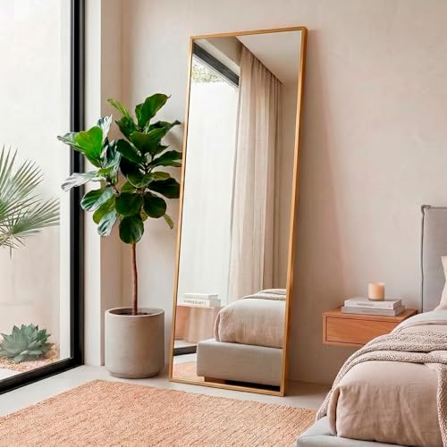 Espejo de Pie Cuerpo Entero - Espejo Grande y Largo con 2 Formas de Uso, Independiente y Montaje Pared - Marco de Aluminio para Dormitorio, Baño o Salon