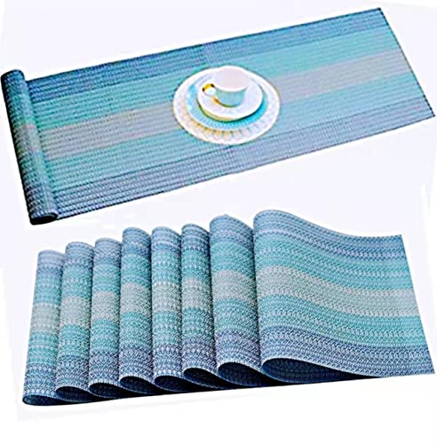 Imiyoku Placemats With Compatible Table Runner Crossweave Insulation Placemat Washable Table Mats Set(6Pcs 12"X18" + 1Pcs 12"X71",Ombre Blue) #TOP7