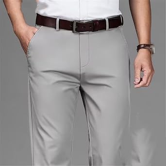 Men's Thin Straight Casual Pants Classic Style Light Gray Business Stretch Trousers Male