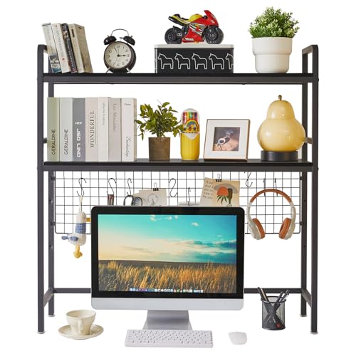 IBUYKE Computer Desktop Bookcase 2-Tier 37.5 Inch Multipurpose Wood Desk Hutch Bookshelf for Computer with Adjustable Shelf Display Rack Desk Organizer for Office Home Dormitory,Black TMZ003B