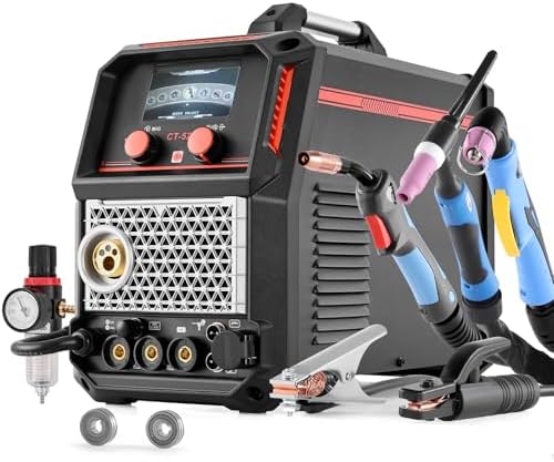 VEVOR Schweißgerät 5-in-1 Kombi, Schneiden/WIG/MIG/Füllstoff-MIG/MMA, 50-A-berührungsloses Plasma- & 200-A-Synergic-Schweißgerät, 220-V-Alu-Impuls-MIG-Schweißgerät, kompatibel mit