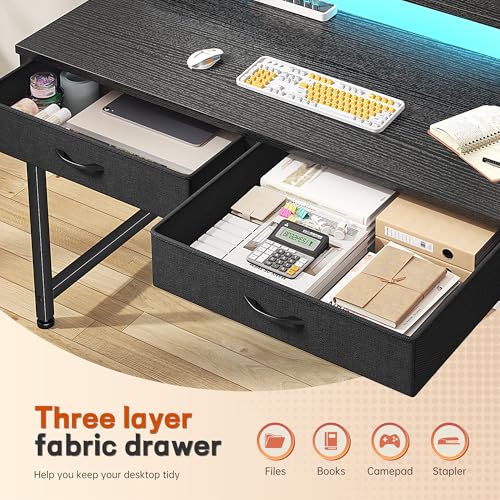 Image of DurayLoly Gaming Desk with LED Lights & 2 Fabric Drawers, 39.4Inch Home Office Computer Desk with Side Pocket & Ergonomic Monitor Stand, Small Space Study Writing Table with Anti-Tip Design,Black