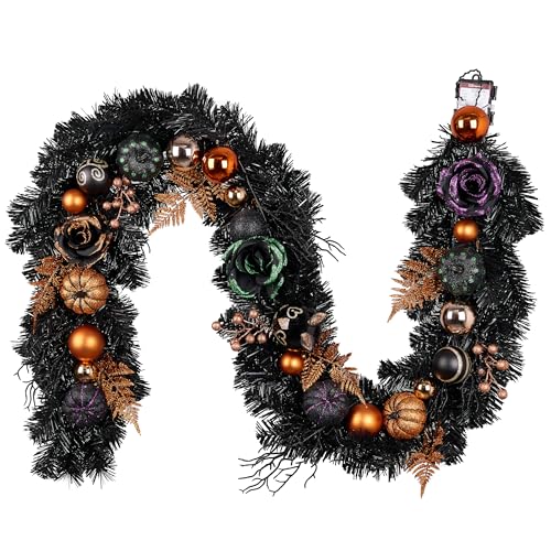 Valery Madelyn 6ft Halloween Garland with Light for Decorations,Artificial Orange Purple Black Pumpkin Maple Leaves Ball Ornaments Garlands for Mantel Table Stair Centerpiece Indoor Home Party Decor