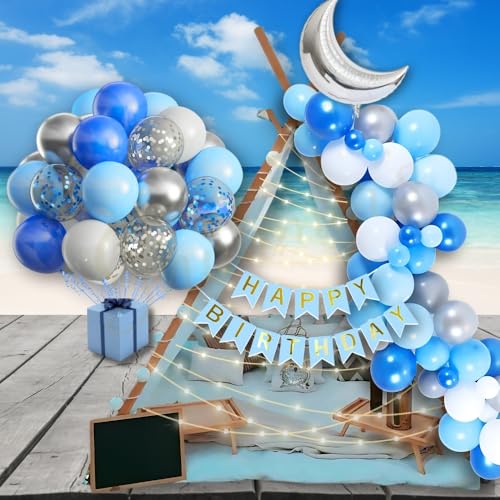 Image of Shimmers Blue Silver Birthday Decoration Kit Set of 74 - Balloon Arch with Happy Birthday Banner, Moon Foil Balloon, Net Curtains, Confetti Balloons & Lights for Party Backdrop Decor
