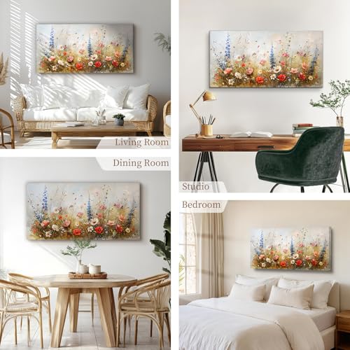 SERIMINO Colorful Floral Wall Art, Rustic Farmhouse Botanical Decor Large Artwork, Nature Wildflower Aesthetic Canvas Prints, Modern Cottagecore Wall Decor Living Room Kitchen Dining Room 20X40 Inch
