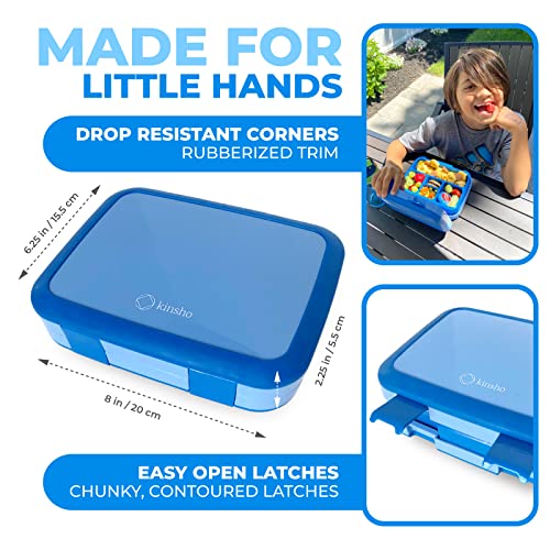 Image of kinsho Bento Lunch Box for Kids Toddlers Boys, 5 Portion Sections Secure Lid, Microwave Safe BPA Free Removable Tray, Pre-School Kid Daycare Lunches Snack Container Ages 3 to 5, Blue