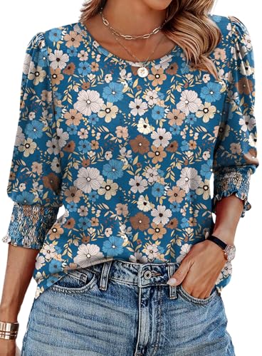 Image of XIEERDUO Blouses for Women Dressy Casual 3 /4 Length Sleeve Womens Tops with Smocked Cuffs