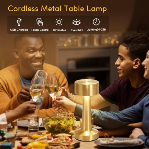 Image of Litehom Portable LED Table Lamp, 3-Levels Brightness Metal Desk Lamp,3 Color Touch Control Rechargeable Lamp, Ideal Bedside Lamp for Nightstand,Bedroom, Living Room (Light Golden)