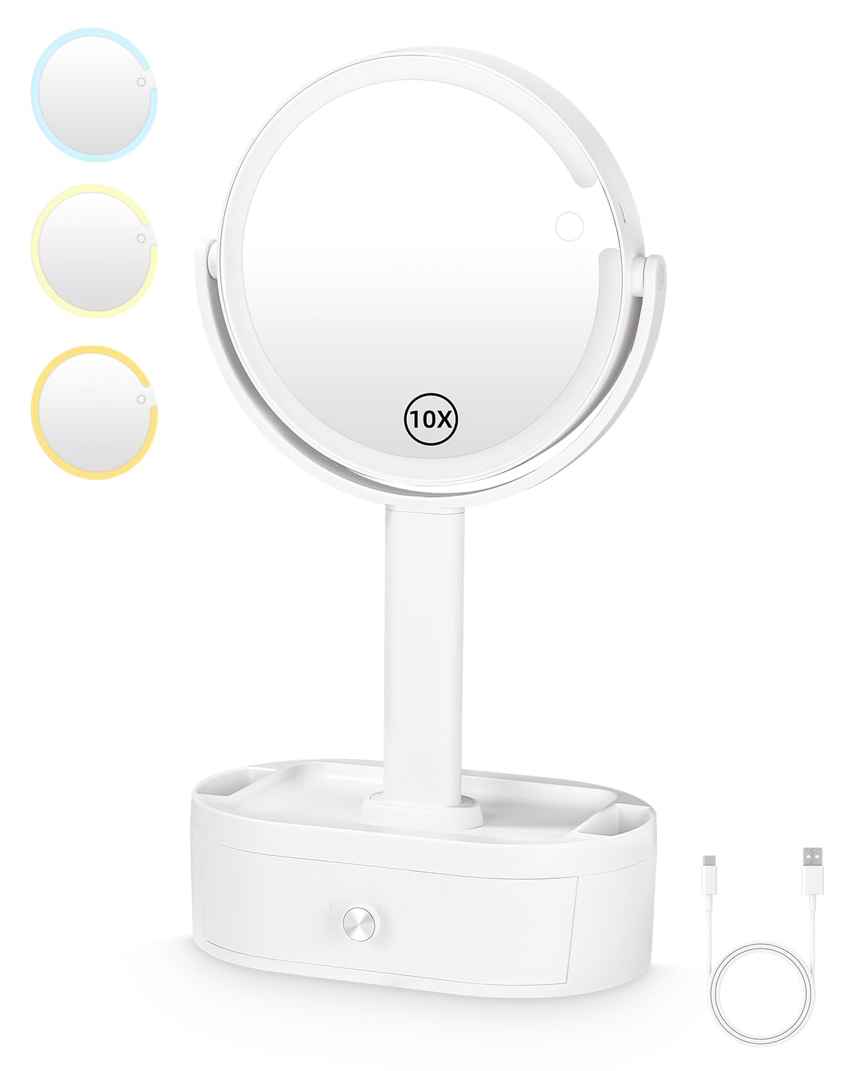 LEAZZLE Espejo Maquillaje con Luz LED,Espejo Maquillaje con Aumento 1X/10X,Espejo Mesa Doble con cajón para Recibir,Profesional Espejo Cosmético Plegable,Giratorio 360 Grados,3 Colores Luz,Dormitorio