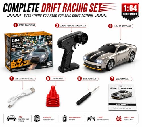 Image of Remote Control Sports Car & Off-Road SUV Toy for Kids, High Speed RC Racing with Wireless Remote, Realistic Lights & Premium Design Gift for Boys Girls (1:64 LD-RTR)