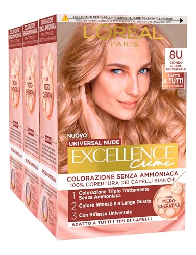 L'Oréal Paris - Tinte Permanente Excellence Creme Universal Nude 8U Rubio Claro Universal Cubre el 100% de las Canas de Larga Duración con Micro-Queratina – 3 Tintes