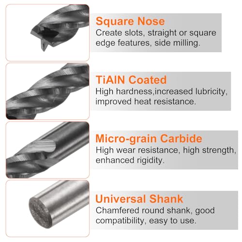 Image of HARFINGTON 5pcs Carbide Square Nose End Mill Bit 3 /32 inch Cut Dia 4 Flutes TiAlN Coated Milling Cutter for Hardened Steel Metal (3 /32 inch Shank 9 /32 inch Cut Length 1-1 /2 inch Long 45 Degree Helix)