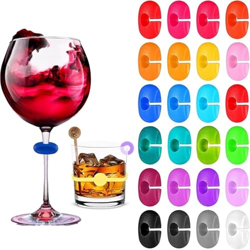 WUBAYI 24 marcadores coloridos para copas de vino, identificadores de bebidas de silicona y adornos para mordiscos, suministros reutilizables para fiestas, cócteles, champán, bodas