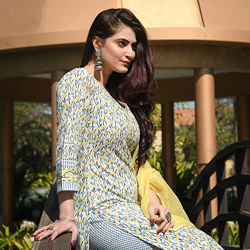 Image of GoSriKi Women's Cotton Blend Printed Straight Kurta with Pant & Dupatta