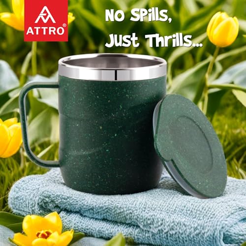 Image of ATTRO Brew Mug - Stainless Steel Inner with eco Friendly Outer Body Durable Stylish, Microwave Safe Coffee /Tea Mug with Handle & Lid, Ideal for Home, Office, Travel & Gifting-300ml-Miltary Green