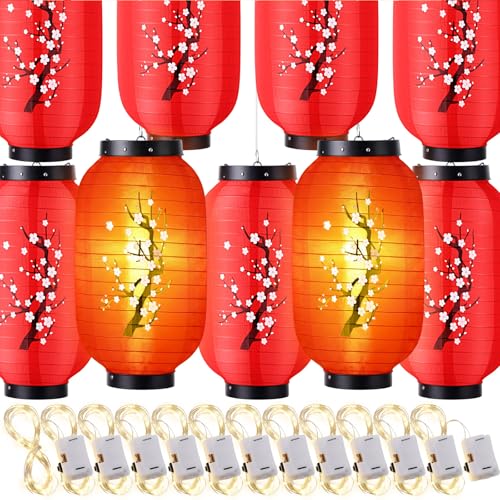 Baquler 24 Pcs Japanese Cherry Blossom Silk Lanterns 8 x 14 Inch Hanging Sakura Lantern Decorations for Wedding Party Restaurant Festival Decor Including 12 Lanterns and 12 Lights(Plum Bossom)