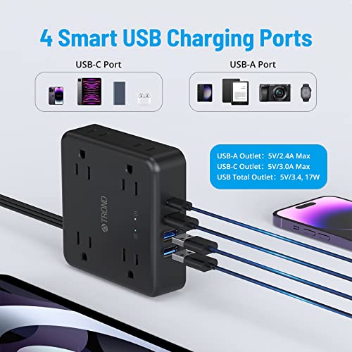 Power Strip Surge Protector - Flat Plug Extension Cord, Trond 8 Widely-Spaced Outlets, 4 Usb Charger(1 Usb C Port), 5Ft Ultra Thin Cord, 1440J, Flat Wall Plug, Desk Charging Station For Travel, Black #TOP4
