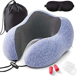 Lakoor Travel Pillow for Neck, Memory Foam Neck Pillow for Travel, Travel Neck Support Pillow, Travel Neck Rest Cushion for Airplane, Flight, Plane or Train - Carry Bag, Earplugs and Eye Mask Included