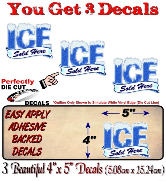 Image of 3 ICE Sold Here 5'' Decals Concession Frozen Sale Sign Trailer Stand Convenience Store Grocery Gas Station Vinyl Stickers (3 Decal Set)