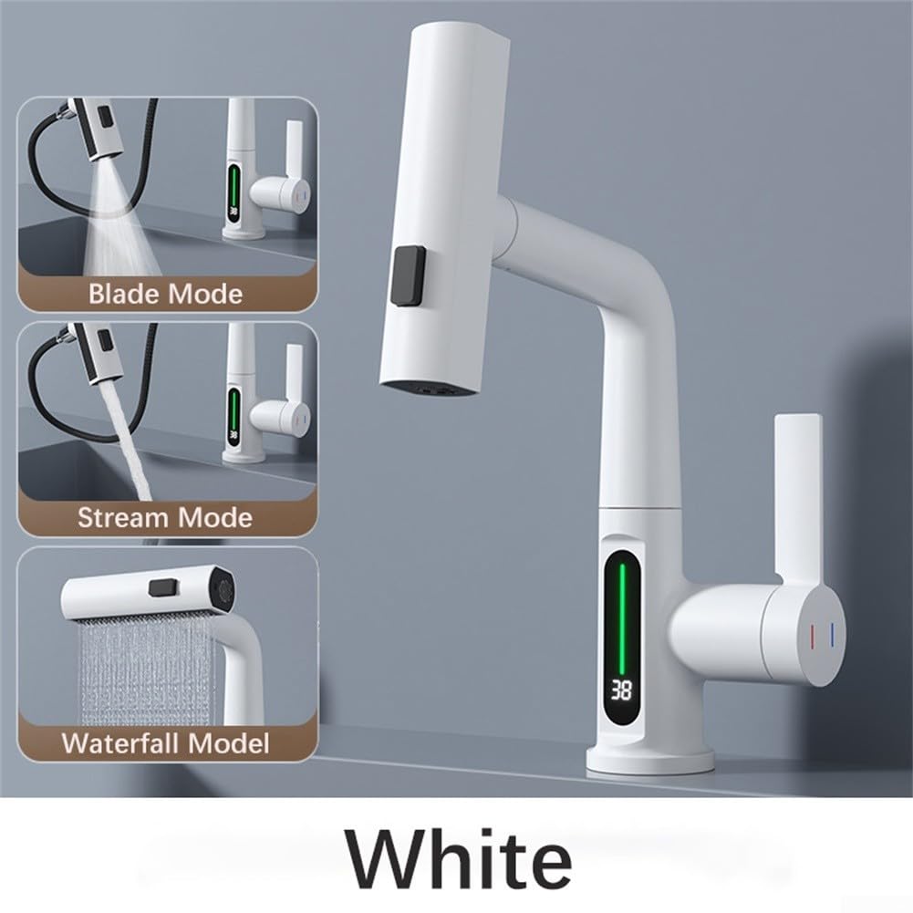Grifo de cocina extraíble de latón giratorio de 360 grados con pantalla de temperatura del agua, rociador extensible, grifo multifunción (blanco)