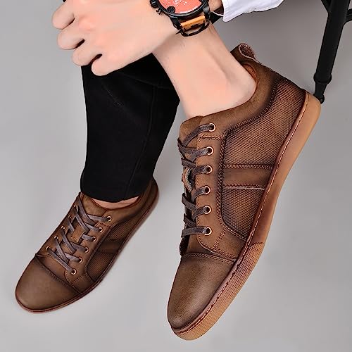 Image of Men's Casual Sneakers Fashion Oxford Sneaker Shoes Embossed Nubuck Brown Leather Daily Shoe for Men Size 7