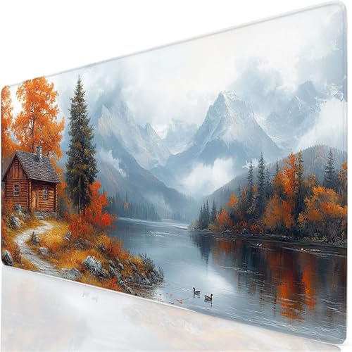 Tapis de Souris XXL 120x60cm Grand Tapis de Souris Automne Mouse Pad Lac sous Main Bureau, Base en Caoutchouc Antidérapante, Haute Précision et Rapidité Accessoire Bureau pour Gamer, Maison YG-223