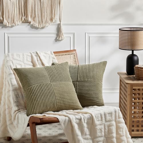 Image of Fancy Homi 2 Packs Olive Green Decorative Throw Pillow Covers 18x18 Inch for Living Room Couch Bed Sofa, Rustic Farmhouse Boho Home Decor, Soft Corss Corduroy Patchwork Textured Cushion Case 45x45 cm
